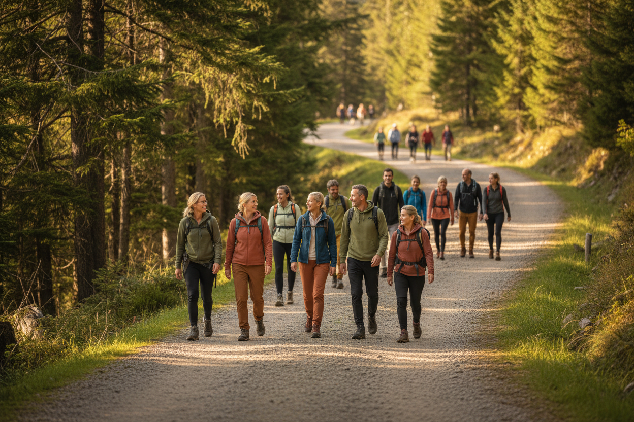 breiterer weg, menschen gehen naturgetreu in verschiedenen abständen und auch nebeneinander, man soll gesichter sehen, links waldrand, daneben der weg, bergauf, im leichten winkel auf die menschen blickend