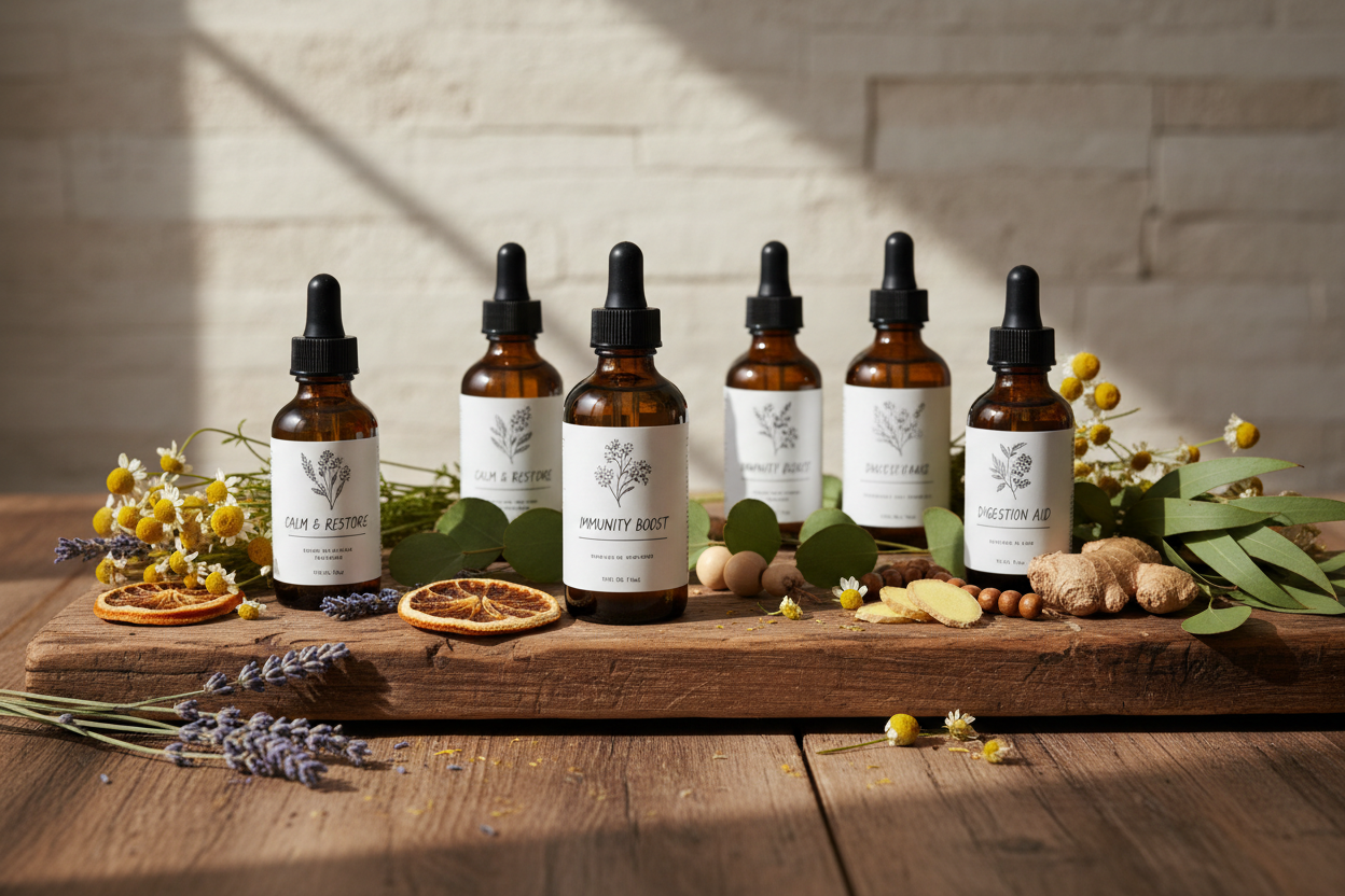 erstelle ein naturbelassenes Bild mit gesunden tinkuren im vitamel Stil - so wie zb das Honigetikette Pure Power