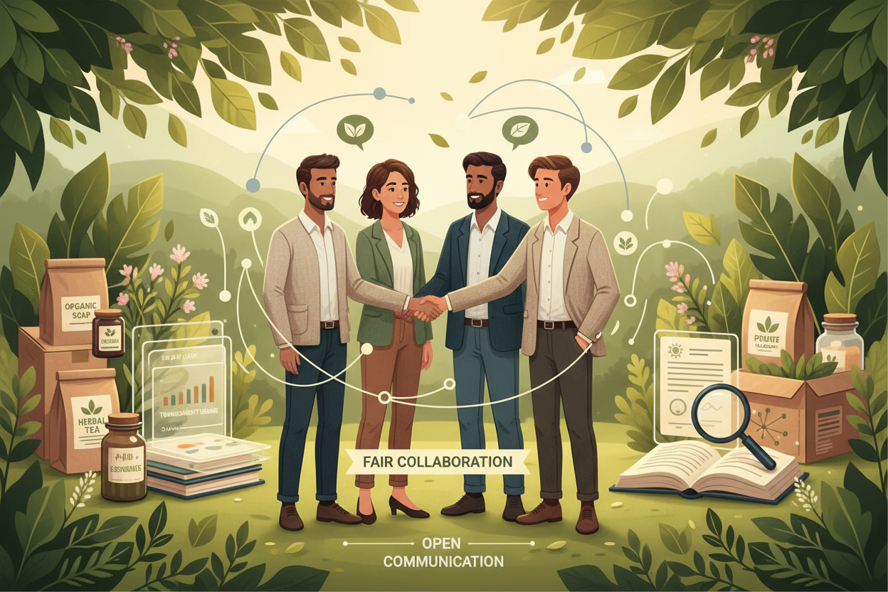erstelle ein neues bild das ein partner programm darstellt für natur produkte und faire zusammenarbeit, transparente abrechnung und offene kommunikation