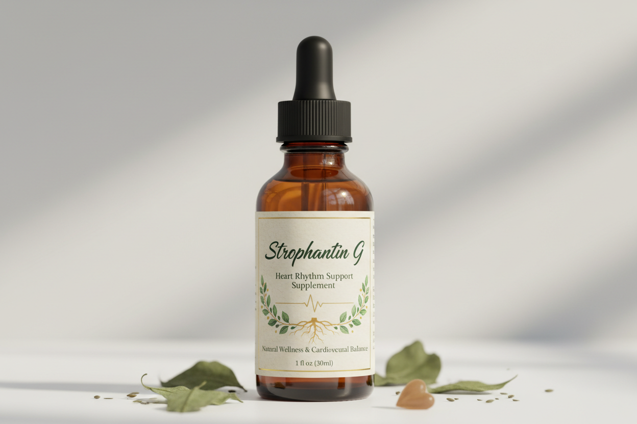 erstelle ein tinkturbild im braunglas mit strophantin g als Ryhthmusfreund des herzens