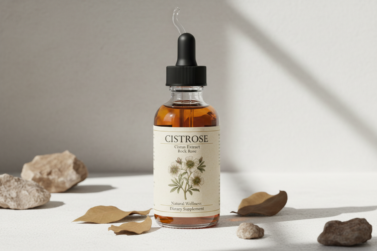 erstelle mir ein bild einer tinktur im stil von strophantin nur mit cistrose 