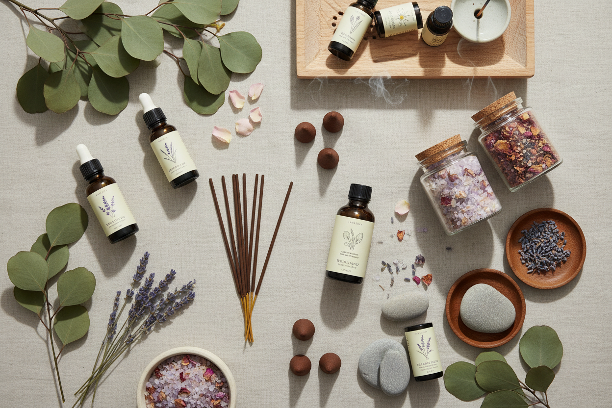 erstelle mir ein bild für die ansicht der produkte. thema Aroma, Räucherware und Badezusätze