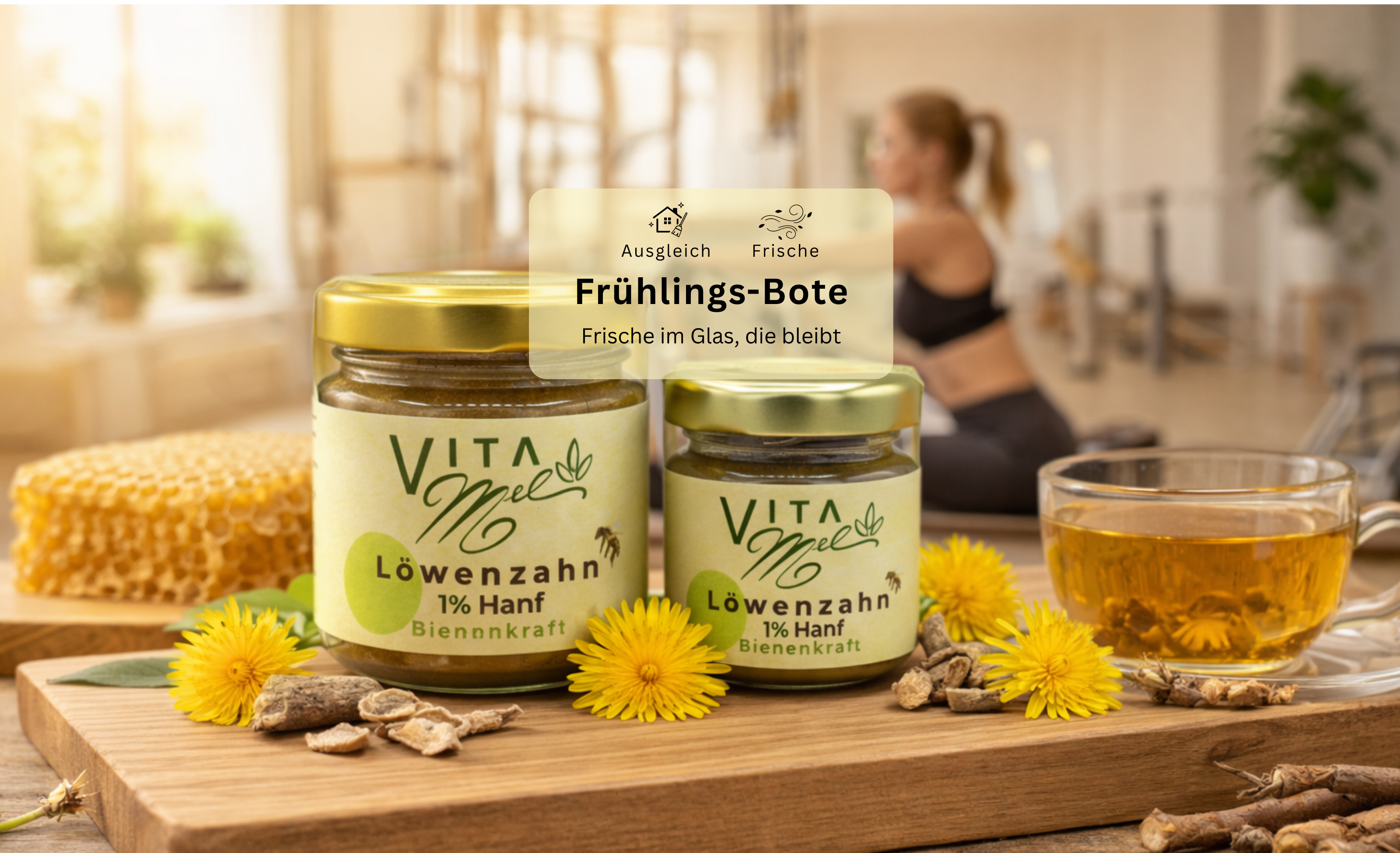 VitaMel Löwenzahn Produkte mit 1% CBD, Tee, Löwenzahnblüten und Wurzel in natürlicher Umgebung