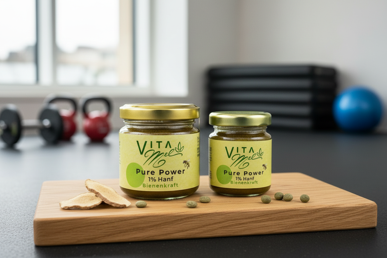 Pure Power Hanf Produkte von VitaMel mit Kräutern im Fitnessstudio mit Hanteln im Hintergrund